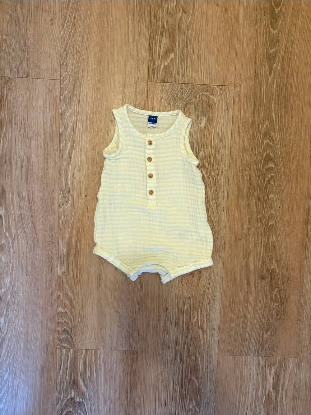 Old Navy Pale Green Striped Sleeveless Romper with Wooden Buttons